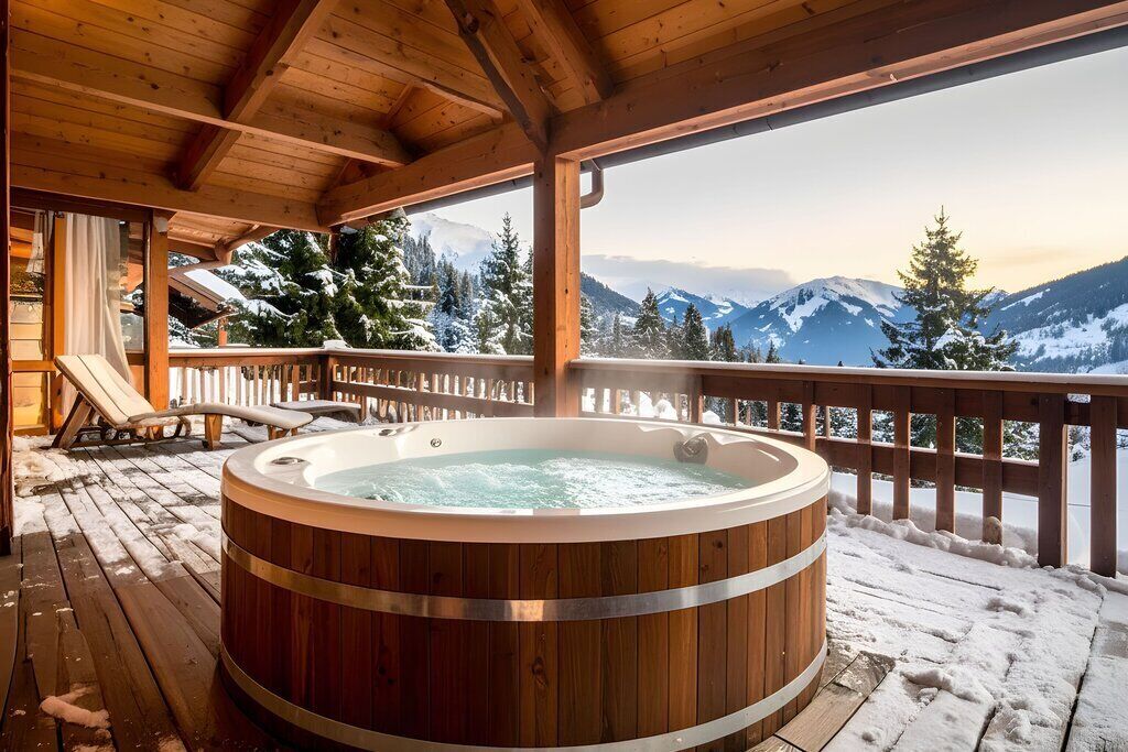 Eine Holzterrasse mit Whirlpool, Liegestühlen und Blick auf schneebedeckte Berge.