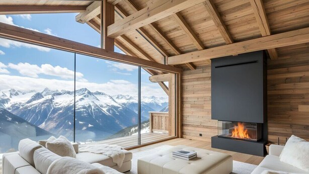 A modern living room with a fireplace, large windows, and a view of snow-capped mountains.