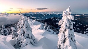 A snow-covered mountain landscape with trees and a clear sky.