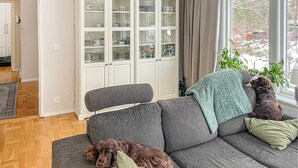 Ein Wohnzimmer mit grauem Sofa, einem Hund, einem Schrank mit Glastüren und einem Fenster mit Blick auf Bäume.