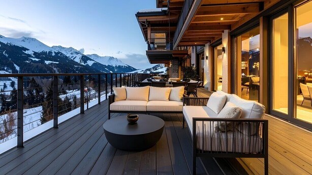 Eine Holzterrasse mit einer Couch und einem runden Tisch, mit Blick auf ein verschneites Gebirge.