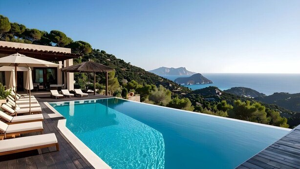 En infinitypool med utsikt över havet och bergen, solstolar och en möblerad, delvis överbyggd sittplats.