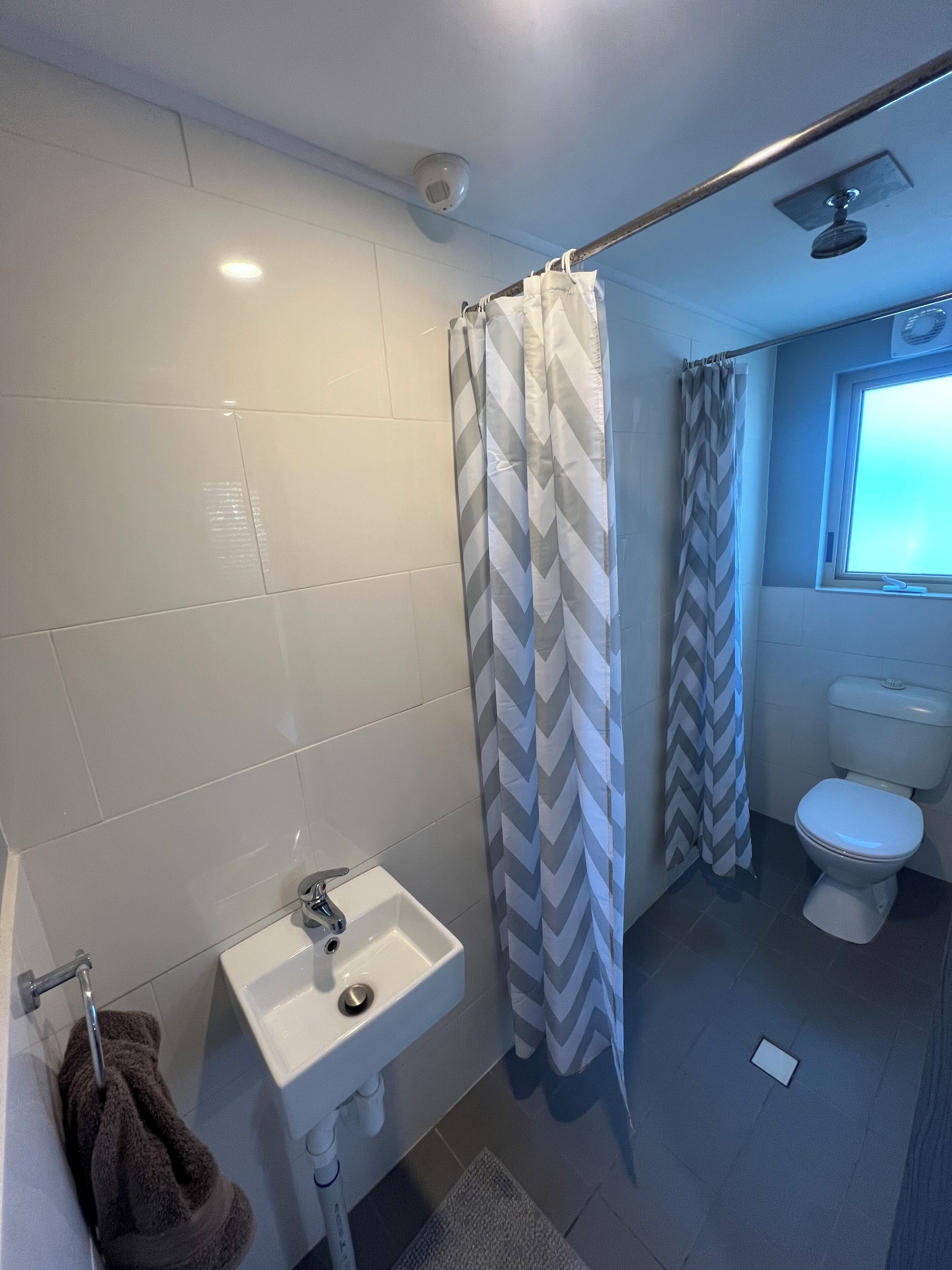 Shower, towels, soap, toilet paper
