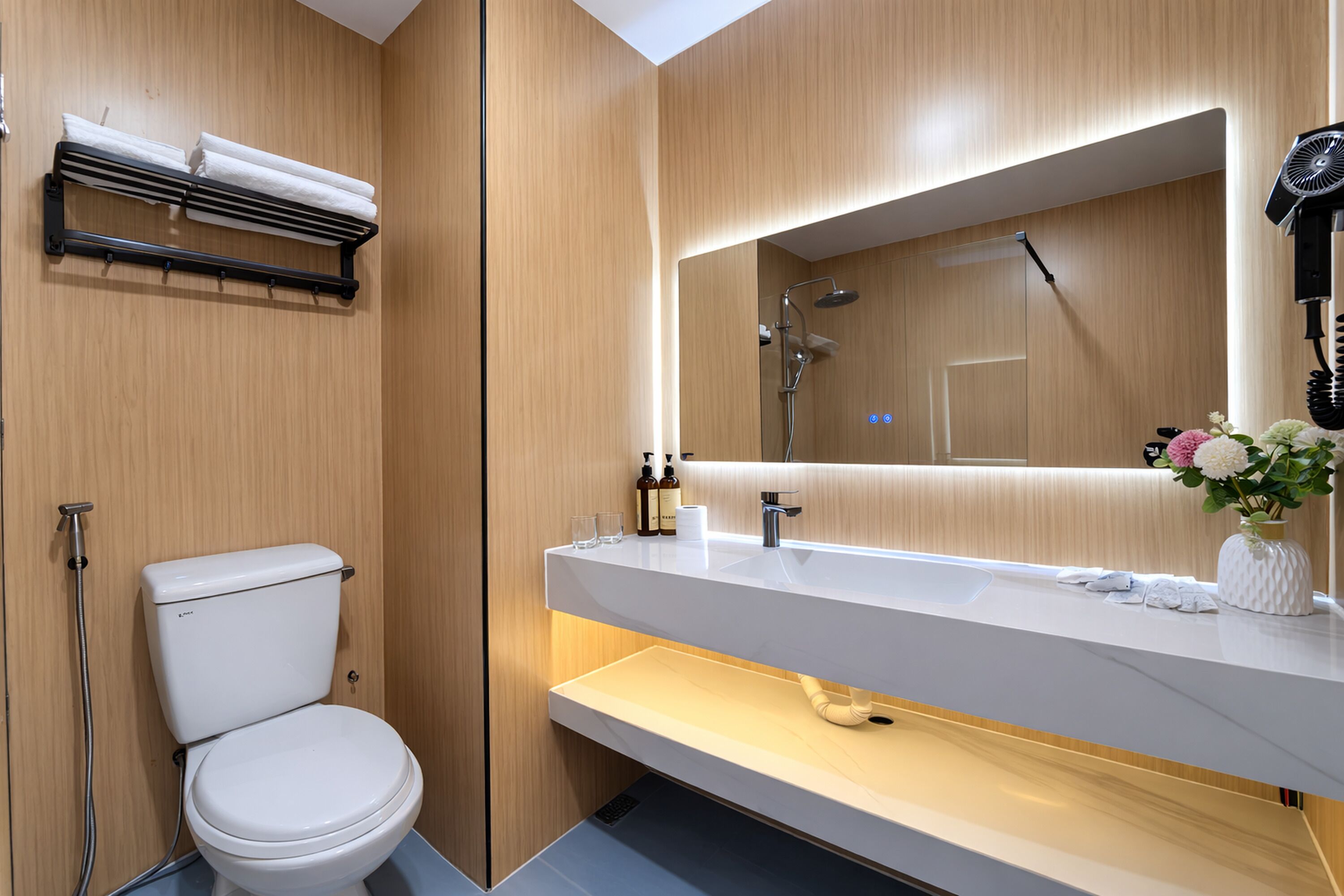 Deluxe-Suite | Badezimmer | Dusche, kostenlose Toilettenartikel, Bidet, Handtücher