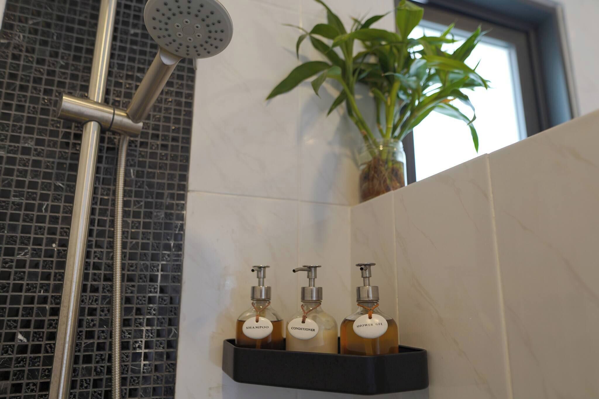 A shower with a handheld showerhead, a potted plant, and three bottles of shampoo, conditioner, and shower gel on a shelf.
