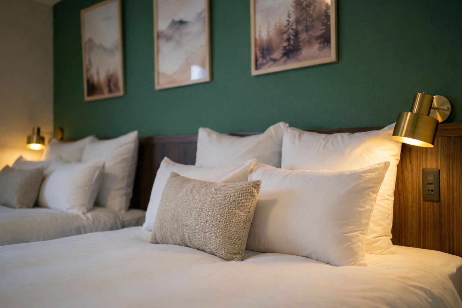A hotel room with two beds, a green wall, and framed pictures.