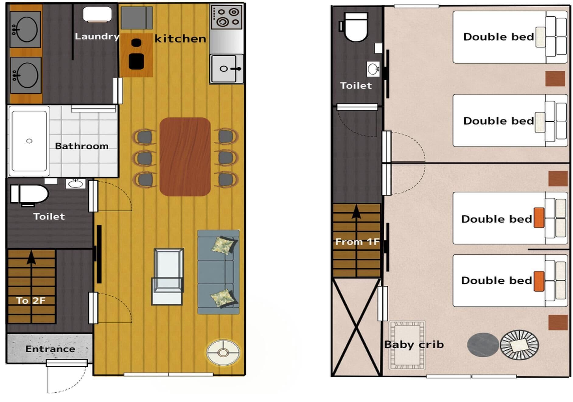 Plano de planta que muestra una cocina, lavandería, baño, camas dobles, una cuna para bebé y una entrada.