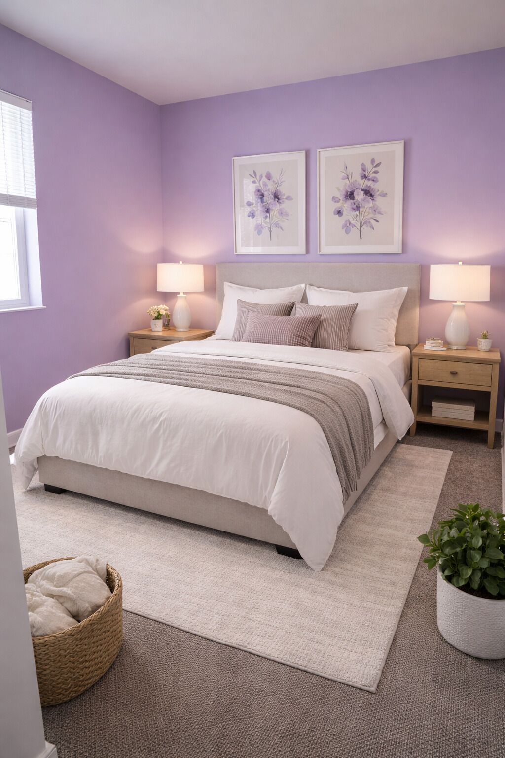 A bedroom with a bed, two bedside tables, a nightstand, a window, and a wall-mounted picture.