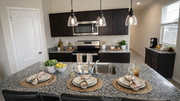 A kitchen with granite countertops, dark cabinets, stainless steel appliances, and pendant lighting. - Luxury Content, Event and Rental House + Private Chef Experience - Casa Velour (Maricopa)