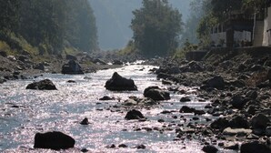 A river with rocks and trees, a bridge, and a building with a staircase. - Nakshatra Resort (Rishikesh)