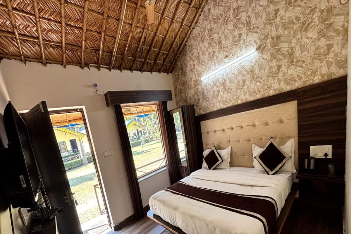 A bedroom with a bed, a TV, a wooden floor, a patterned rug, and a view of the outside.