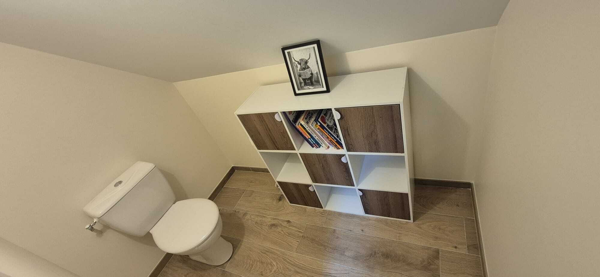 A small bathroom with a toilet, a wooden floor, and a white shelf unit with books.