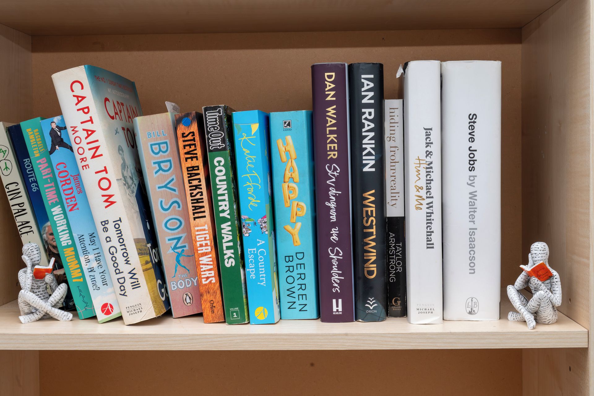 A bookshelf with various books, including titles like 'Captain Tom' and 'The Body.'