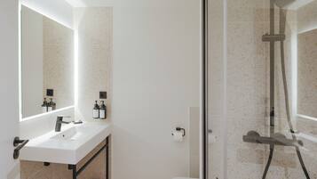 Een moderne badkamer met een douche met glazen wand, een witte wastafel en een spiegel erboven.