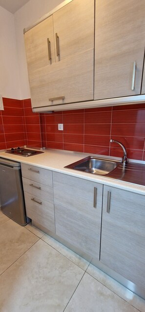 A kitchen with light wood cabinets, a stainless steel sink, and a dishwasher. - PAGONA STUDIO (Rhodes)