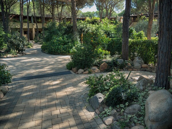 A paved pathway surrounded by rocks and greenery, leading to a building with a wooden deck. - Residence with swimming pool near the sea (Pula)