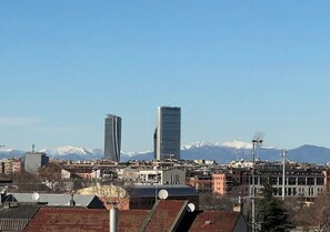 Un paisaje urbano con edificios modernos, cielo despejado y montañas nevadas al fondo.