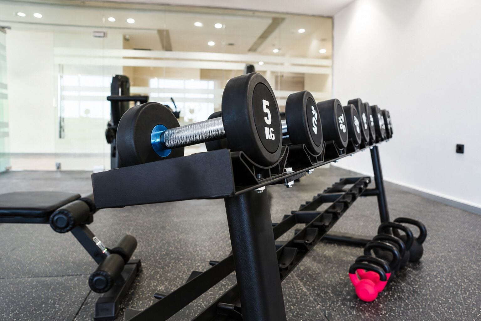 A weightlifting bench with adjustable dumbbells in a gym.
