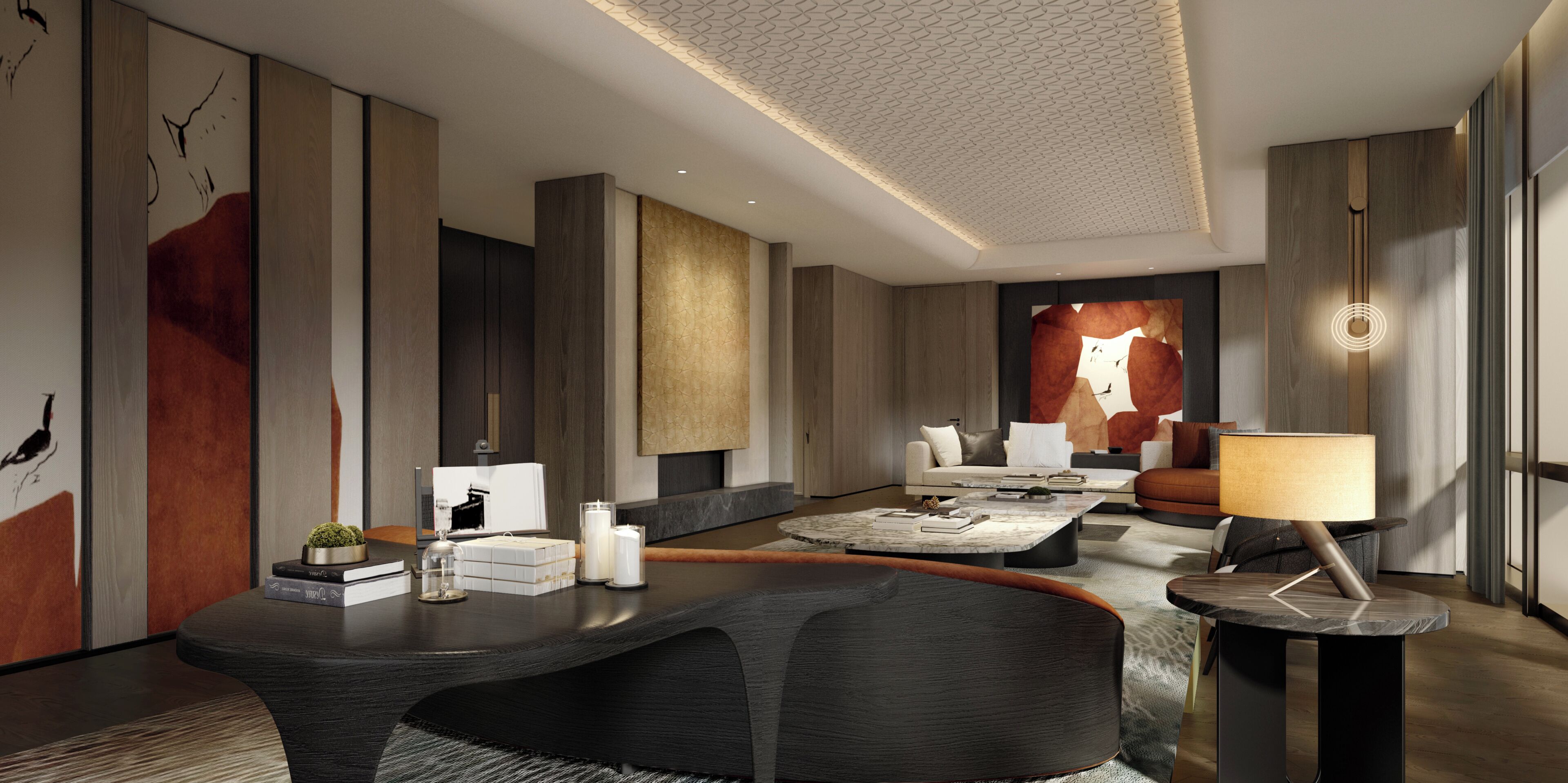 A modern living room with a sofa, coffee table, and lamp.