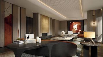 A modern living room with a sofa, coffee table, and lamp.