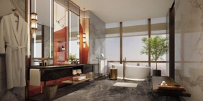 A modern bathroom with a large mirror, a black marble vanity, a freestanding bathtub, and a view of the city through large windows. - MGM Shenzhen Prince Bay (Shenzhen)