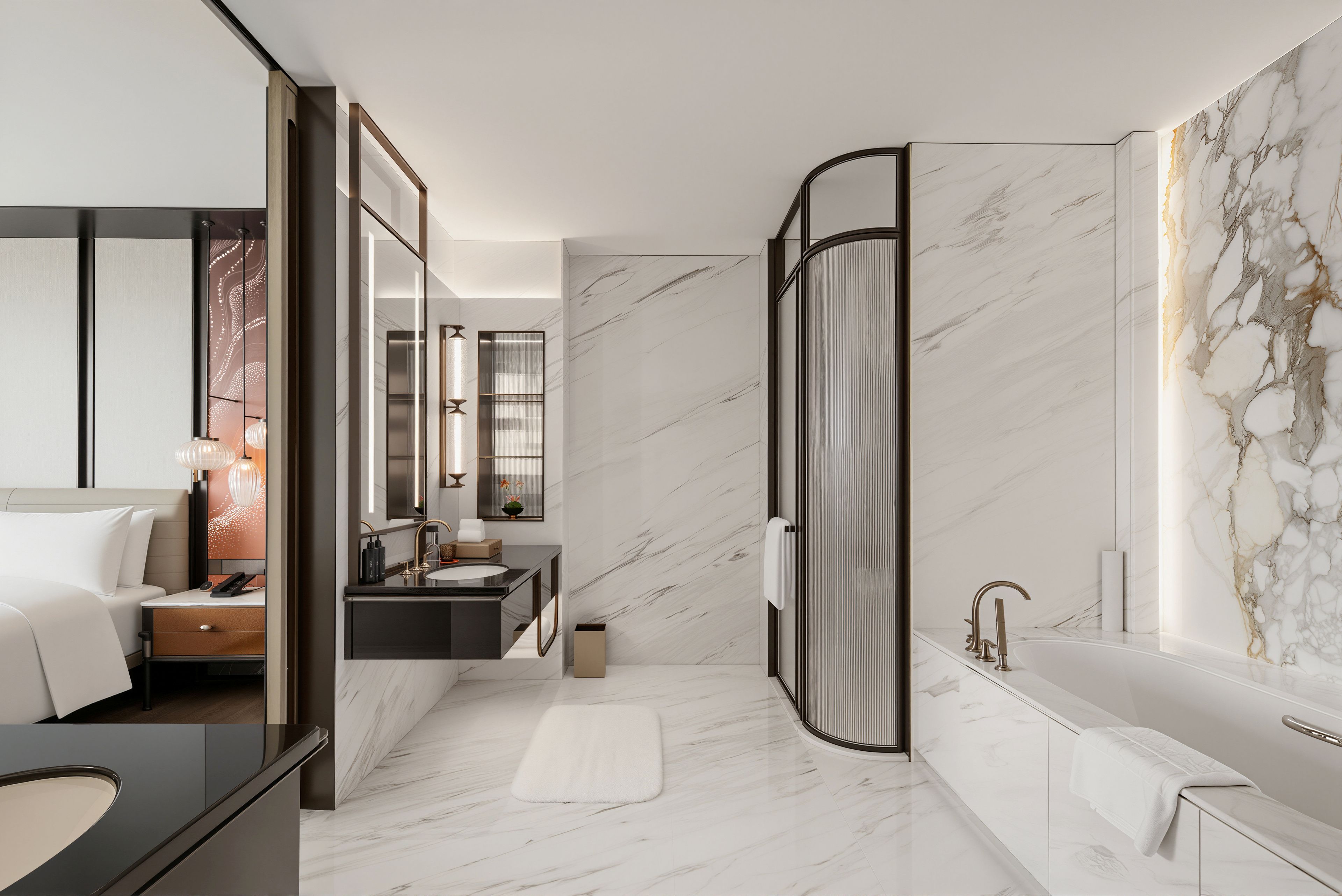 A modern bathroom with a marble floor, a bathtub, a sink, and a mirror.