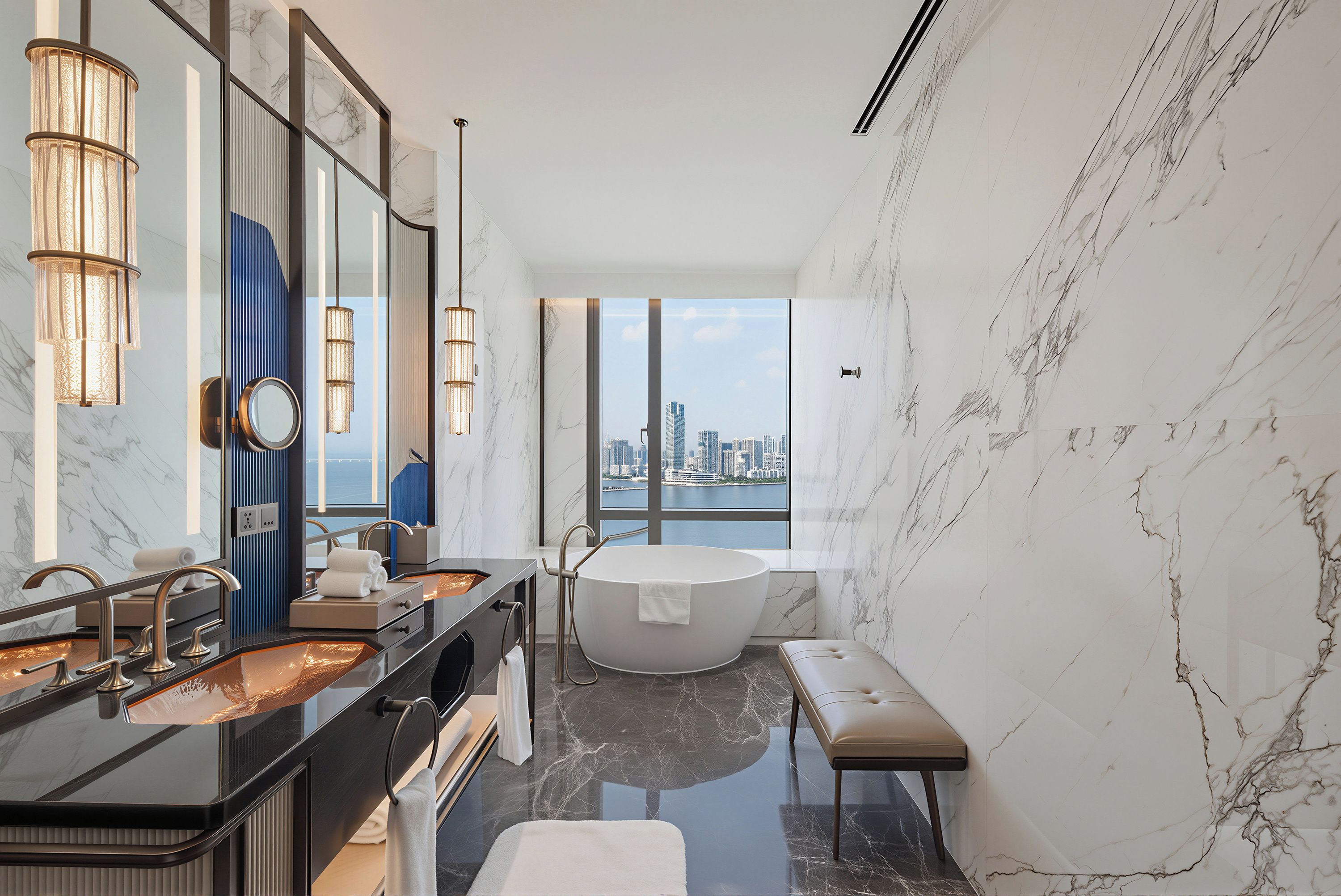 A modern bathroom with a bathtub, a vanity with a mirror, and a view of a cityscape.