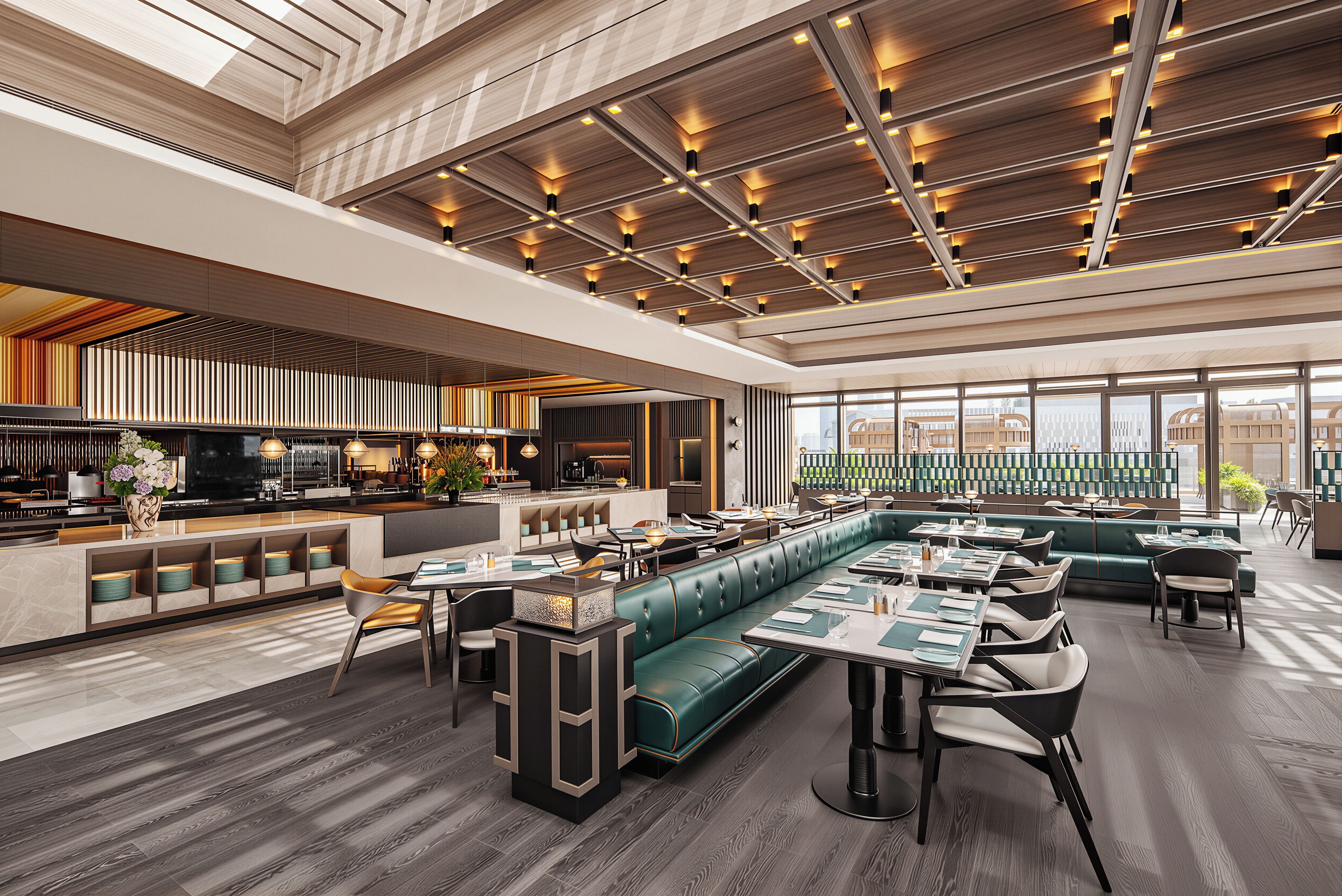A modern restaurant interior with a high ceiling, wooden paneling, and a mix of seating options including booths and tables.