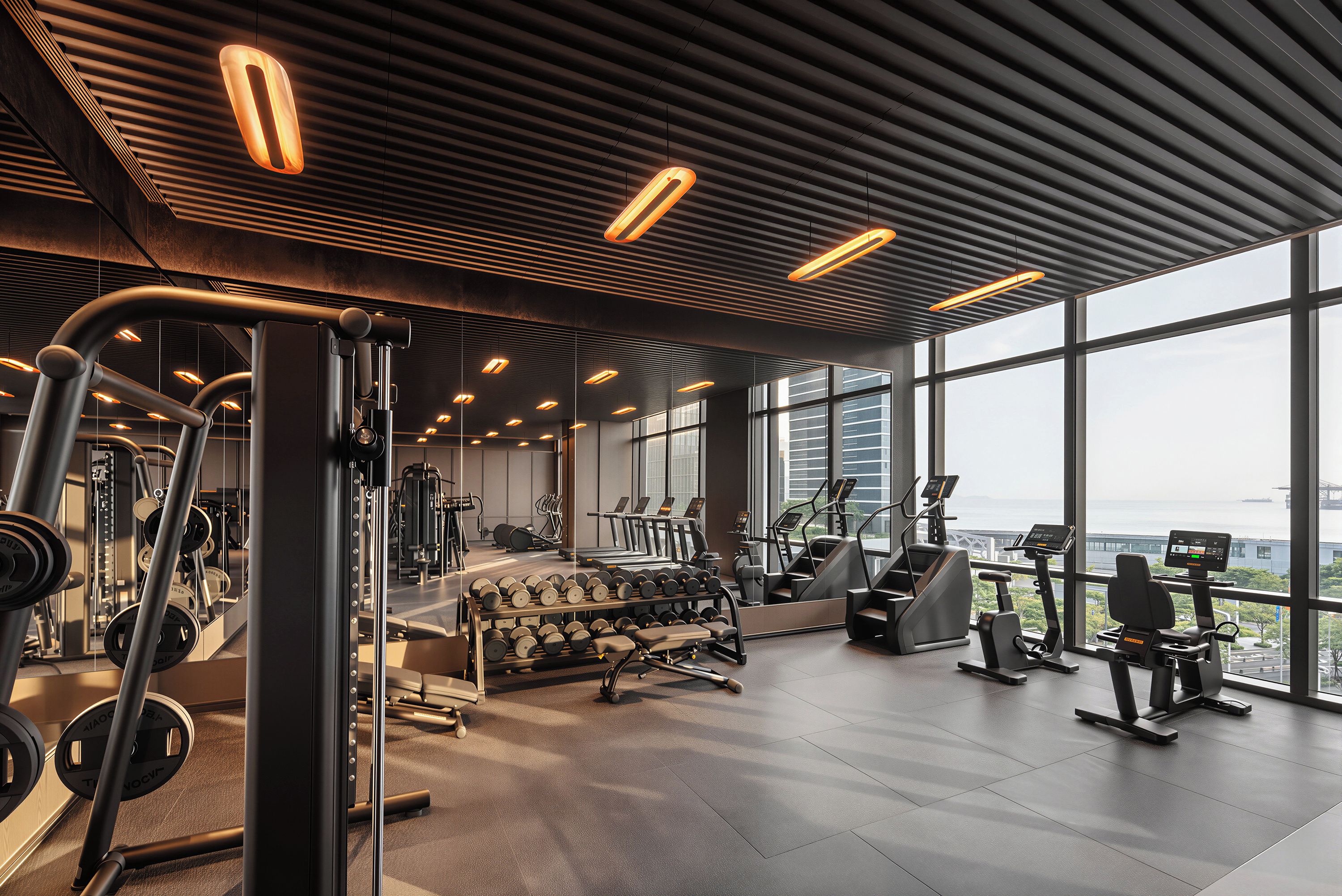 A modern gym with various exercise equipment, large windows, and a view of the city.