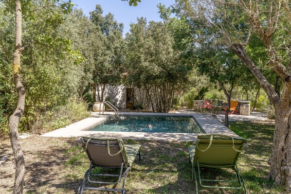 A swimming pool with a metal ladder, surrounded by trees and grass. There are two green chairs and a small table.