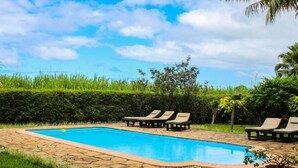 Una piscina con sillas de descanso, rodeada de vegetación y un cielo despejado.
