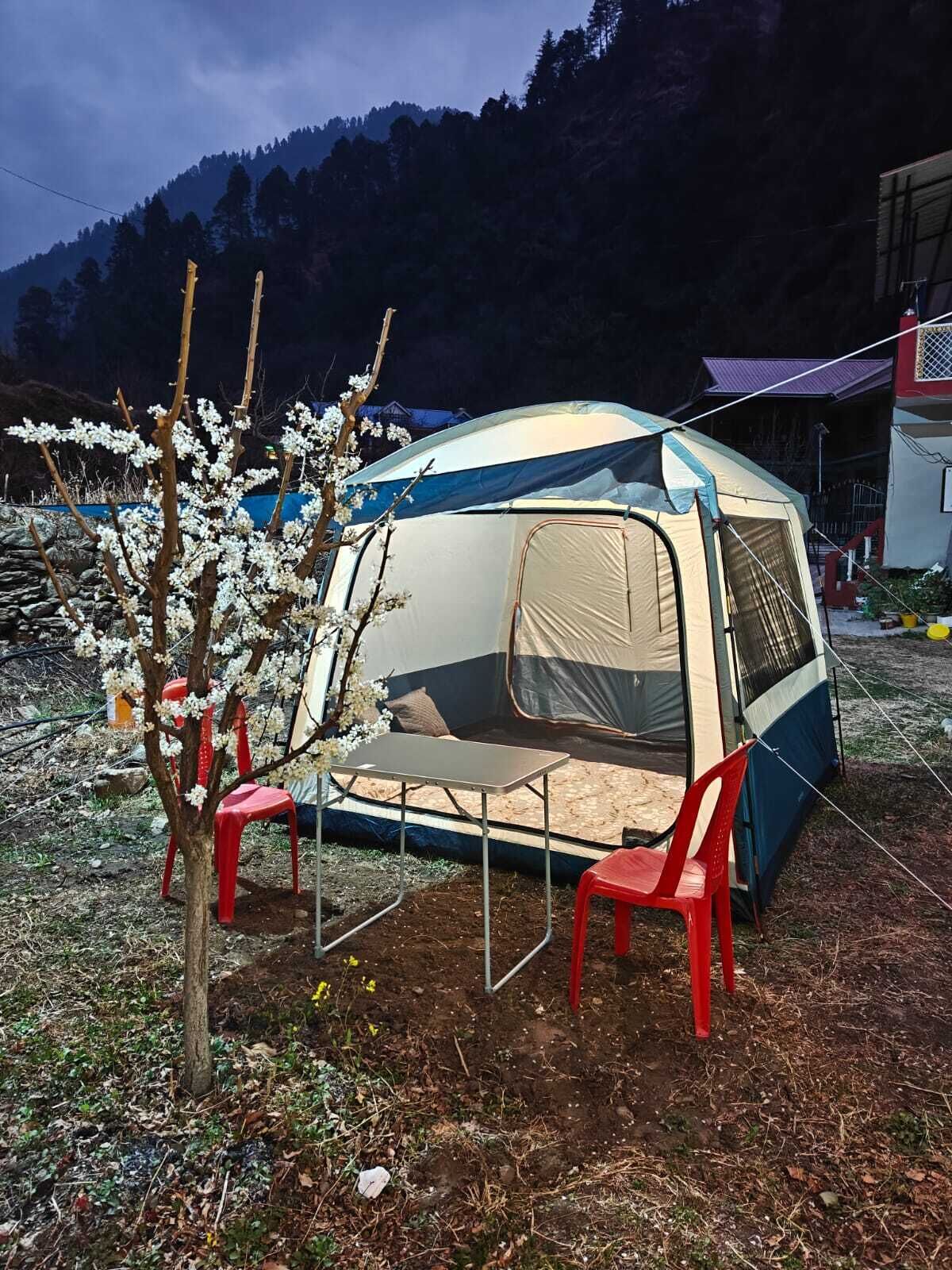 A tent with a table and chairs set up in a natural setting.
