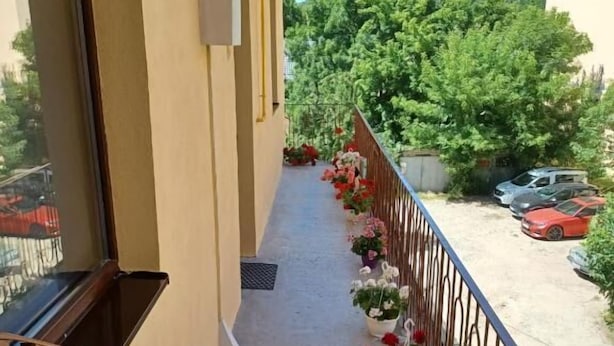 Un balcon avec une balustrade en métal, une fenêtre et une vue sur les voitures garées et la verdure.