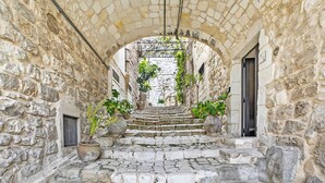 A stone staircase leading to an arched doorway in a narrow alleyway with potted plants.