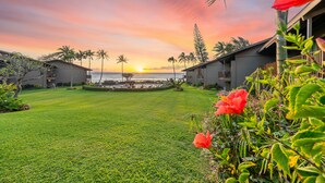 Een resort met een verzorgd gazon, palmbomen en uitzicht op de oceaan bij zonsondergang.