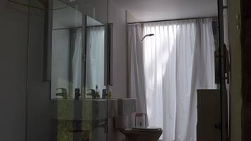Douche, séchoir à cheveux, serviettes fournies, savon