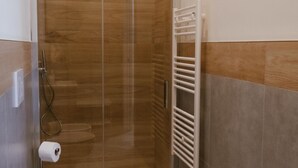 Um chuveiro com porta de vidro, um porta-toalhas e um suporte para papel higiênico.