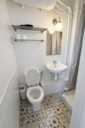 Un baño con inodoro, lavabo y ducha.