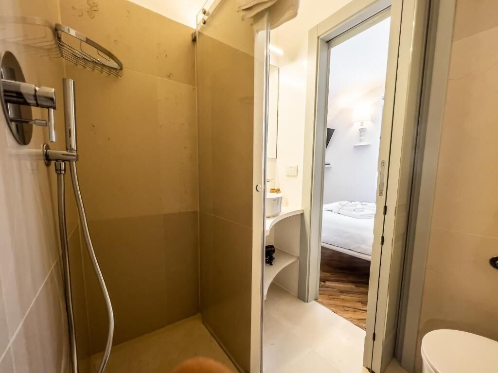 Une salle de bain avec une douche, des toilettes et un lit visible à travers une porte ouverte.