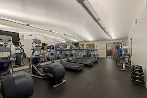 A gym with treadmills, ellipticals, and weight machines. - Two 2-Bedroom Condos w/Fireplace, Hot Tub & Sauna (Steamboat Springs)