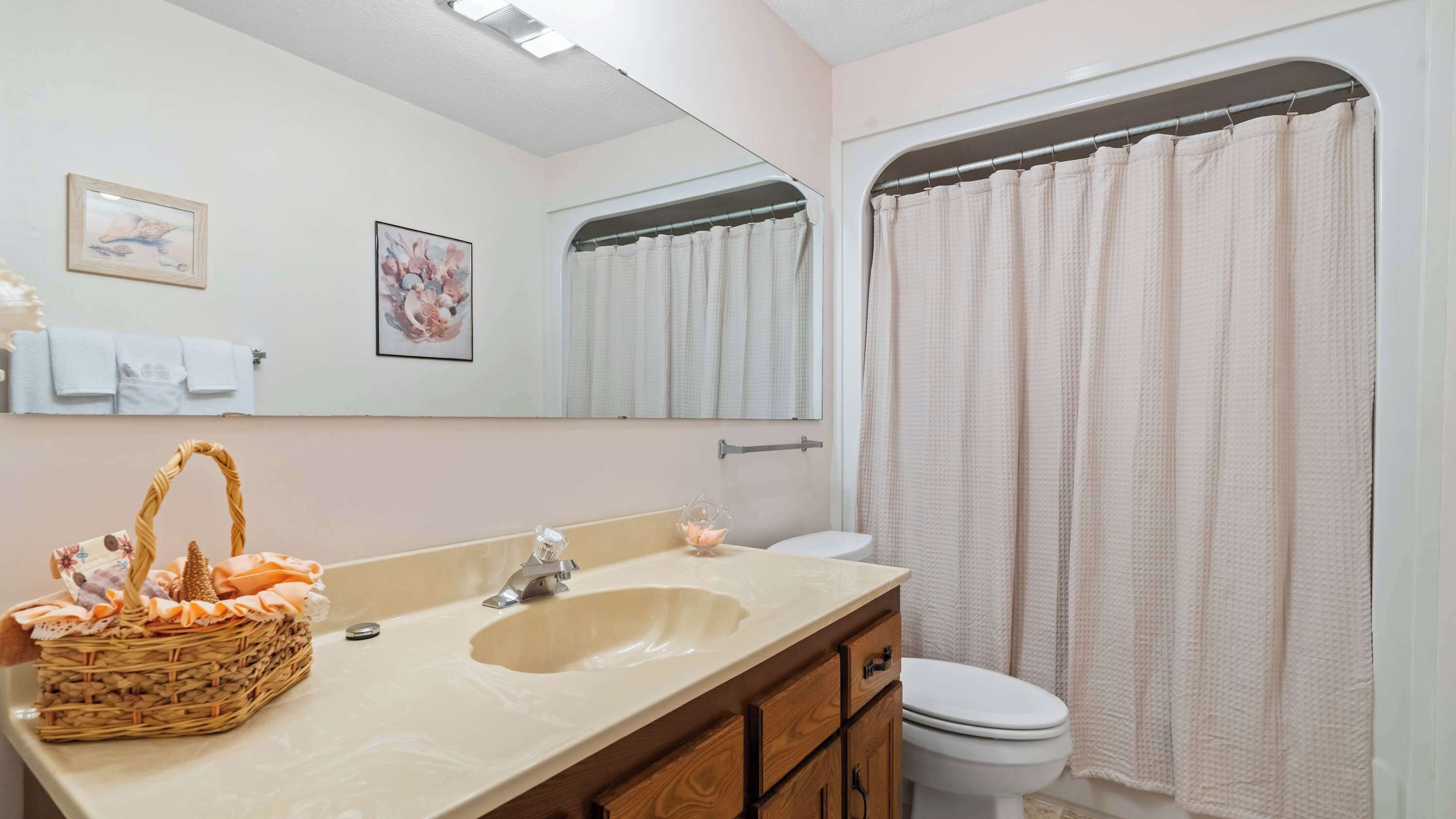 A bathroom with a sink, toilet, and shower curtain.