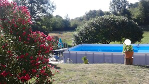 A swimming pool with a ladder, surrounded by greenery and trees.