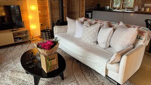A cozy living room with a sofa, a TV, a fireplace, and a kitchen area visible through an open door.
