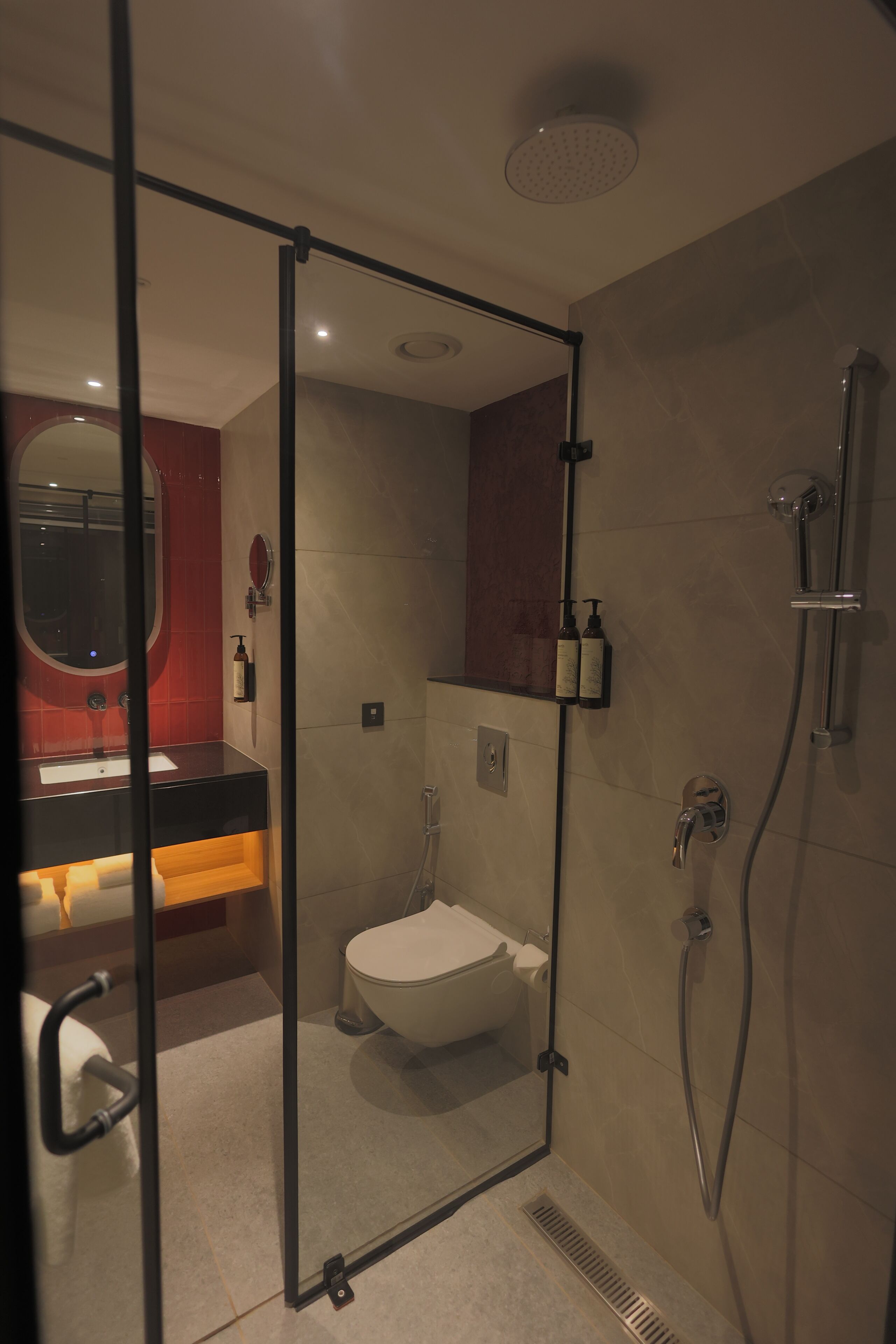 A modern bathroom with a glass partition, a toilet, a sink, and a shower.