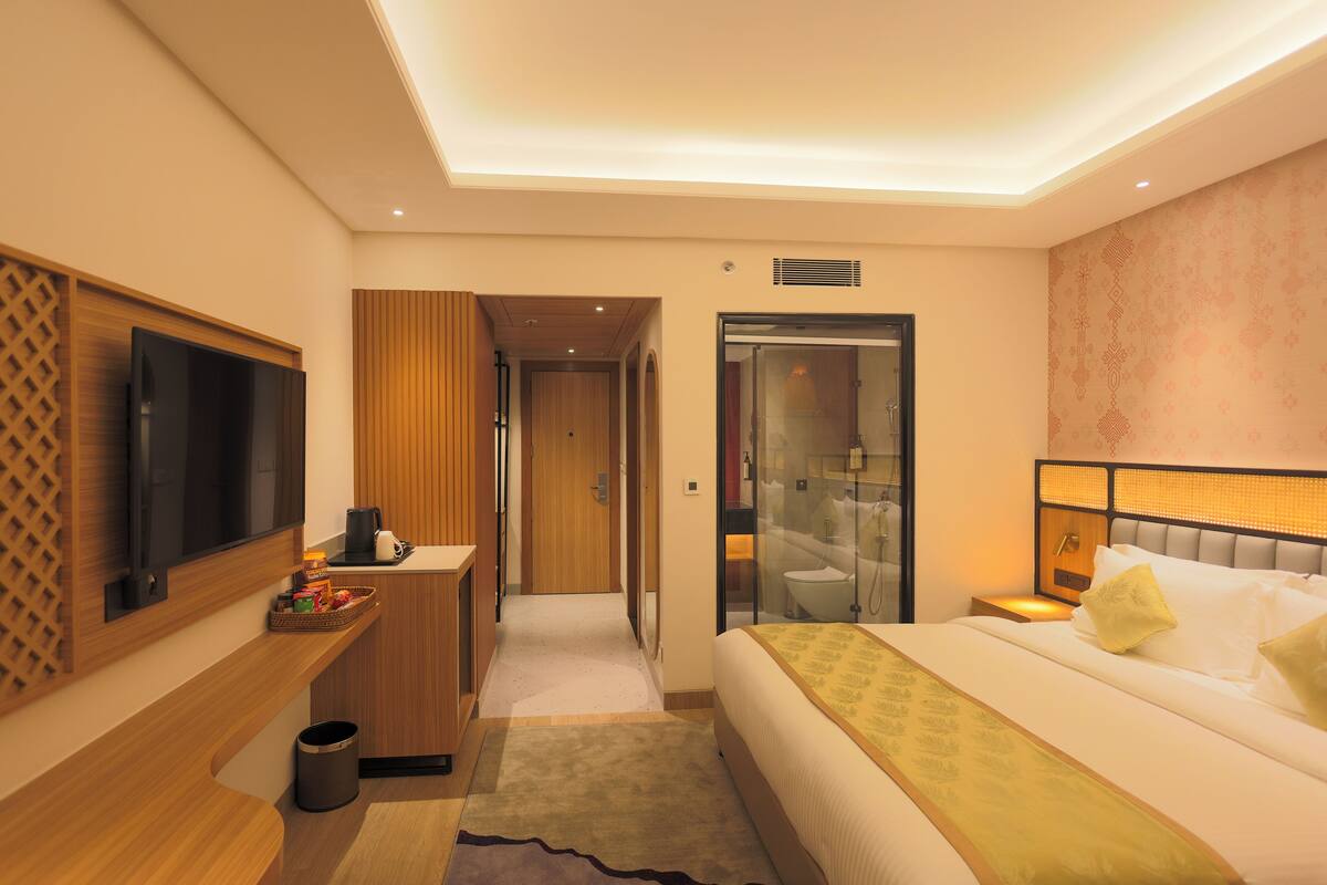 A hotel room with a bed, a TV, a desk, a bathroom, and a closet.