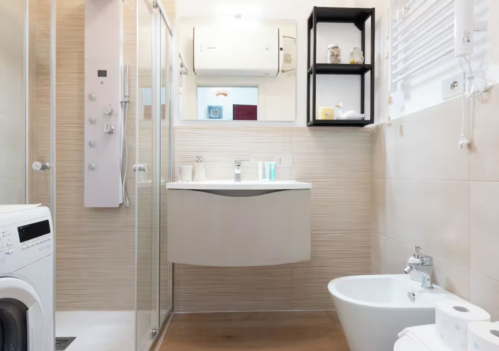 Hair dryer, bidet, towels, soap