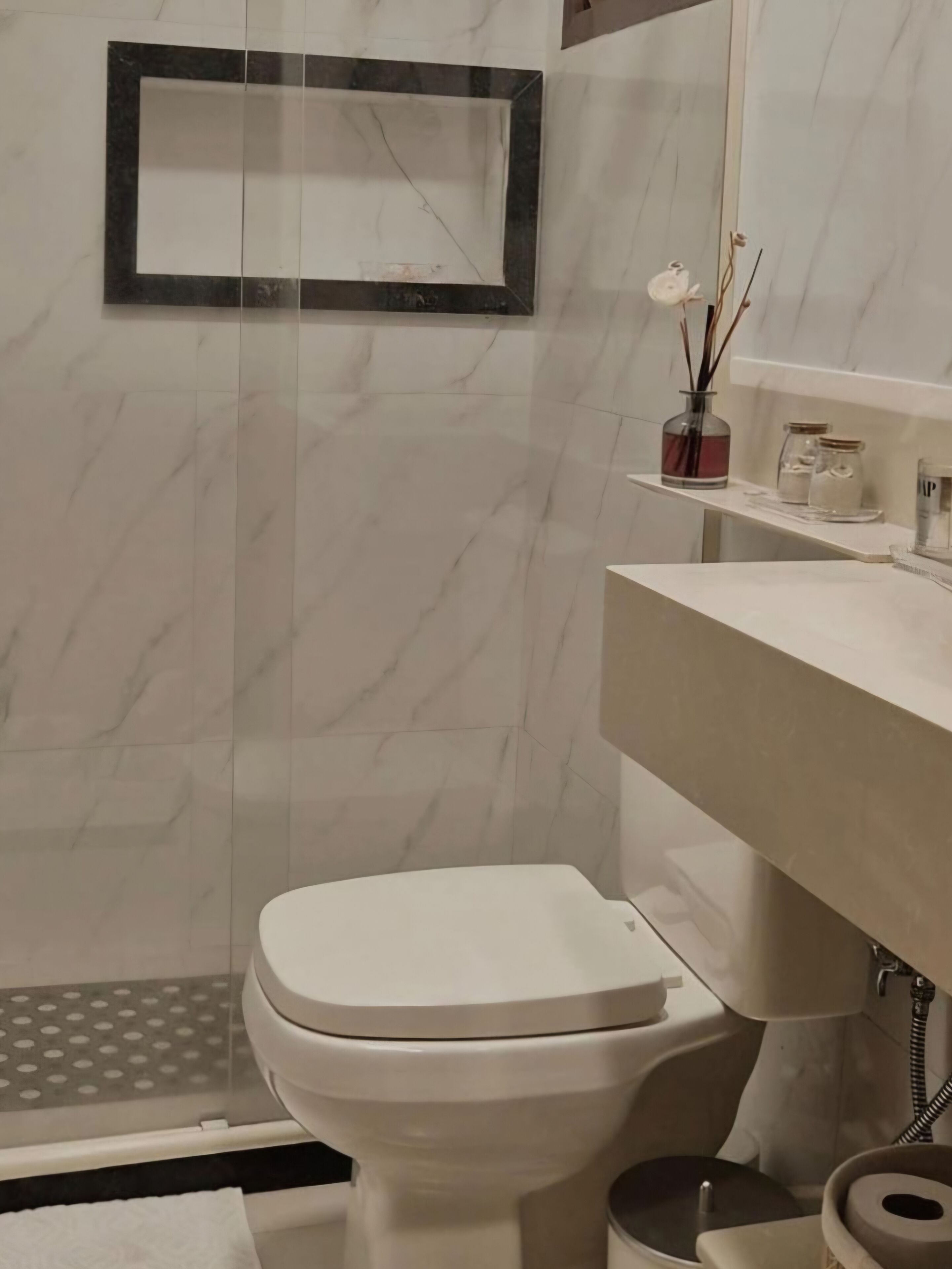 Shower, towels, soap, toilet paper
