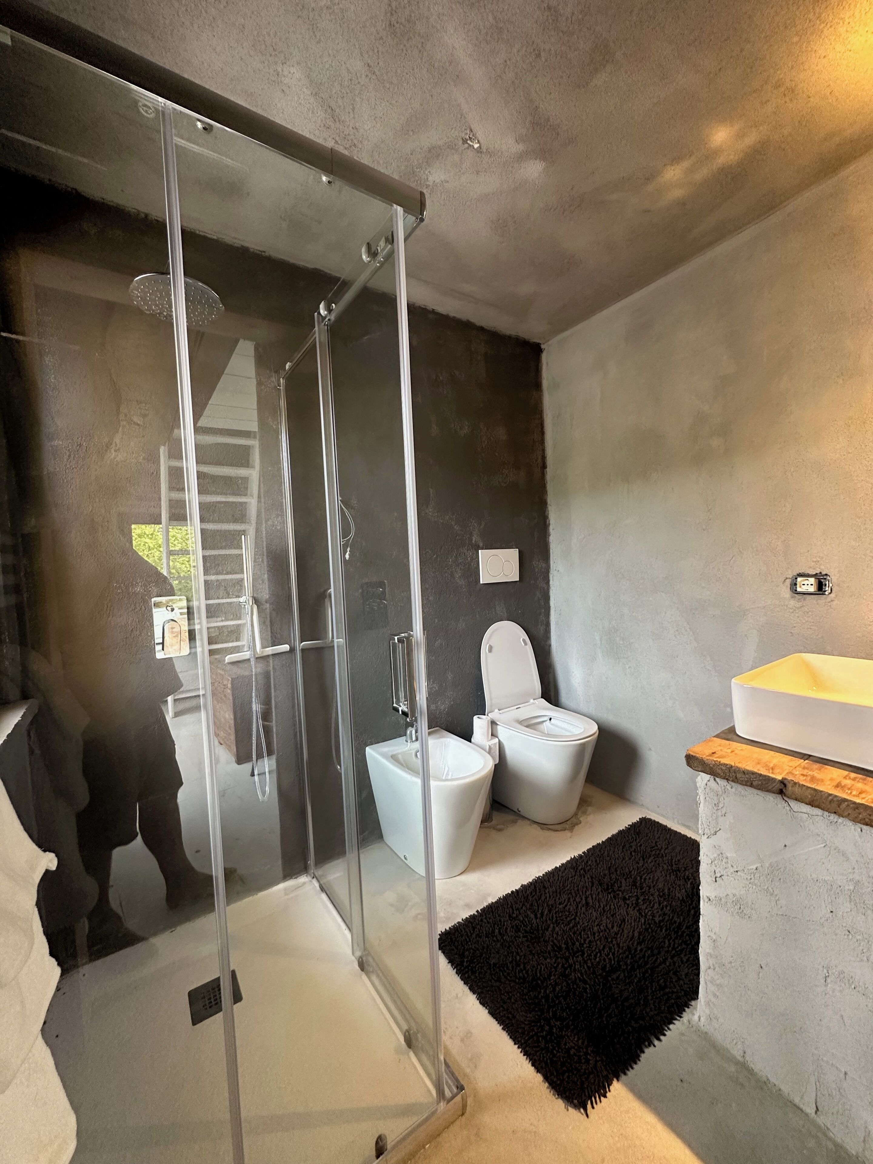A modern bathroom with a glass shower enclosure, two toilets, a sink, and a black rug.