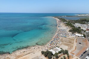 An aerial view of a beach with a long stretch of beach umbrellas and sun loungers, a clear blue sea, and a road parallel to the beach. - Holiday Home 'Casa '719'' with Private Terrace and Private Garden (Lido Marini)