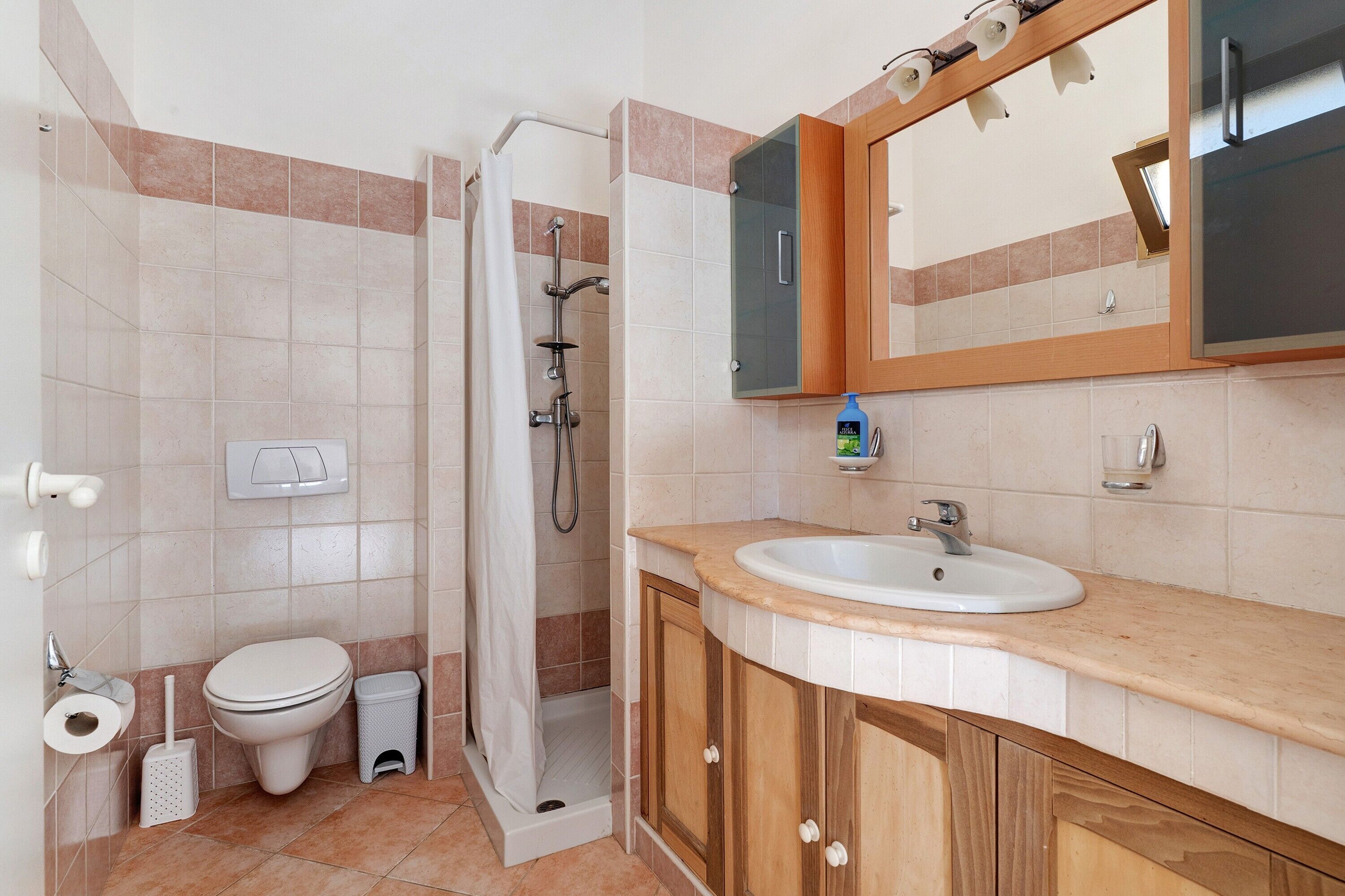 Une salle de bain avec douche, toilettes et lavabo.